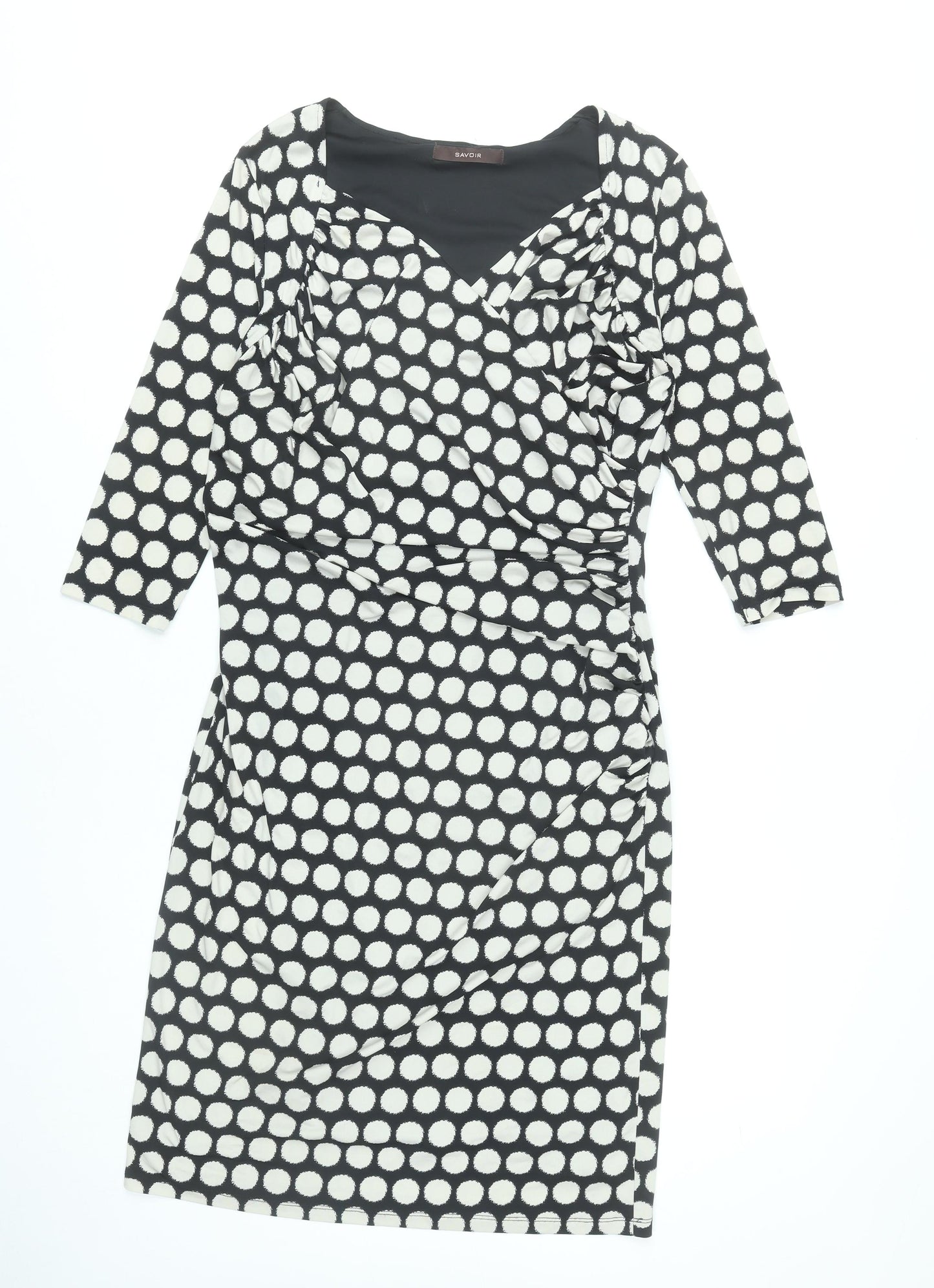 Savoir Women Black Polka Dot Bodycon Dress Size 16 3/4 Sleeve Knee Length