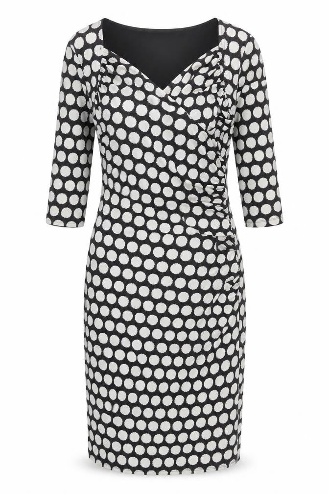 Savoir Women Black Polka Dot Bodycon Dress Size 16 3/4 Sleeve Knee Length