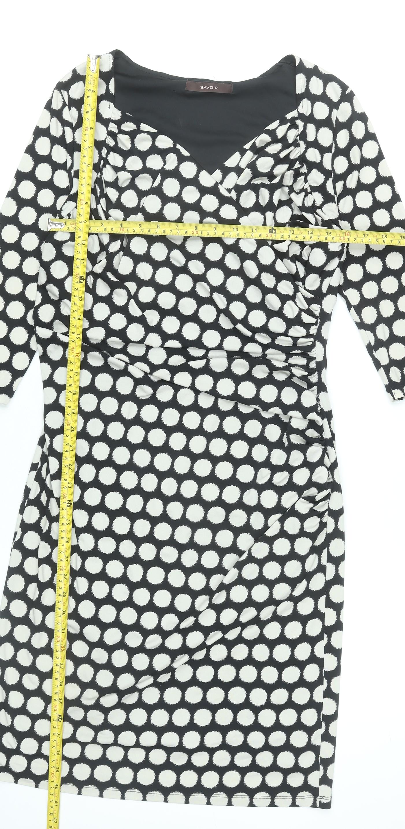 Savoir Women Black Polka Dot Bodycon Dress Size 16 3/4 Sleeve Knee Length