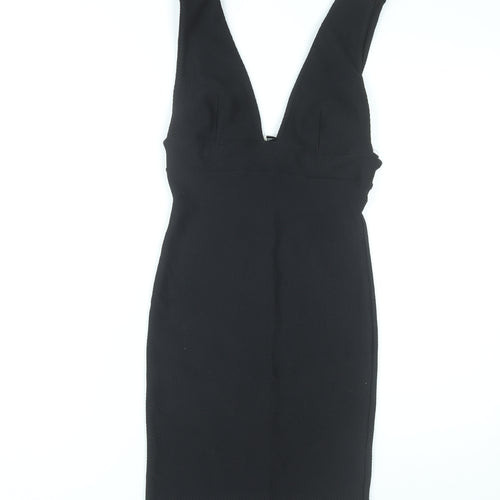 Miss Selfridge Women Black Bodycon Dress Size 10 Sleeveless V-Neck Cocktail