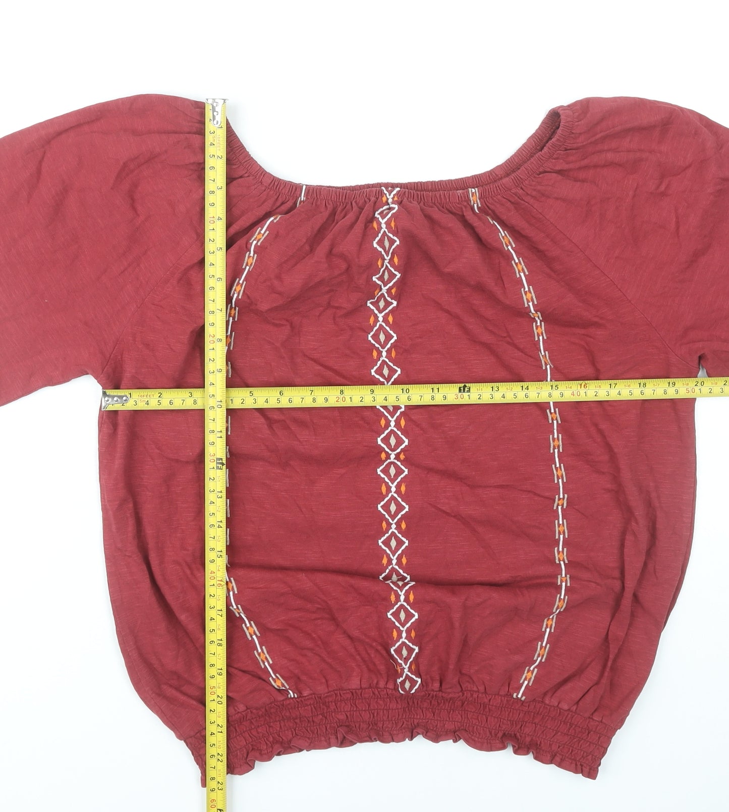 M&Co Women’s Red Embroidered Peasant Blouse UK14 Cotton