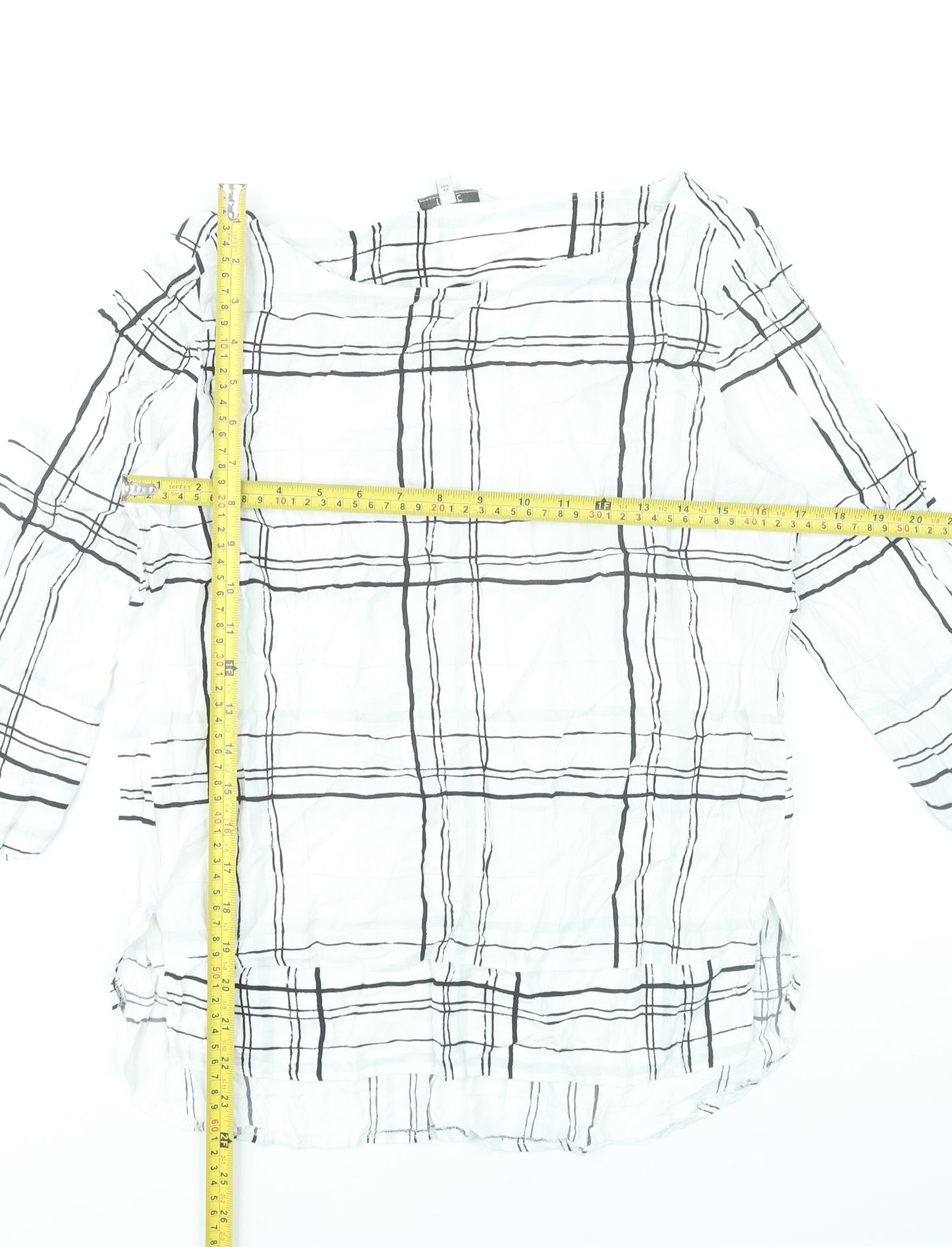 Next Womens White Black Check Blouse Size 12 Tunic 3/4 Sleeve