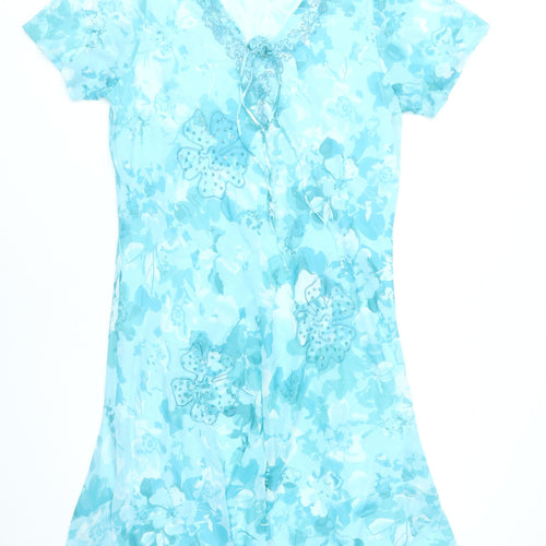 Isle Womens Blue Floral A-Line Dress Size 18 Short Sleeve Knee Length