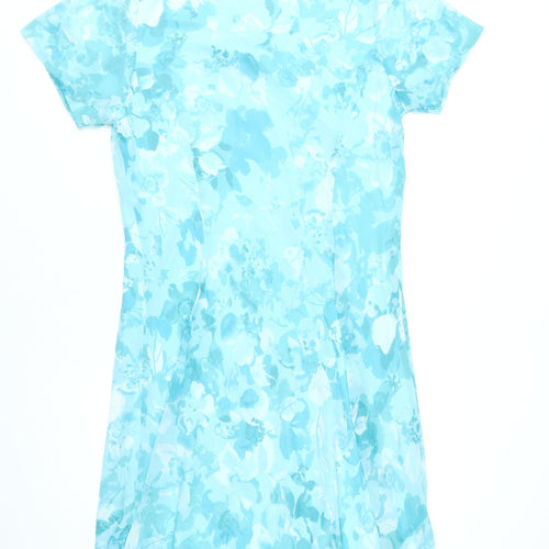 Isle Womens Blue Floral A-Line Dress Size 18 Short Sleeve Knee Length