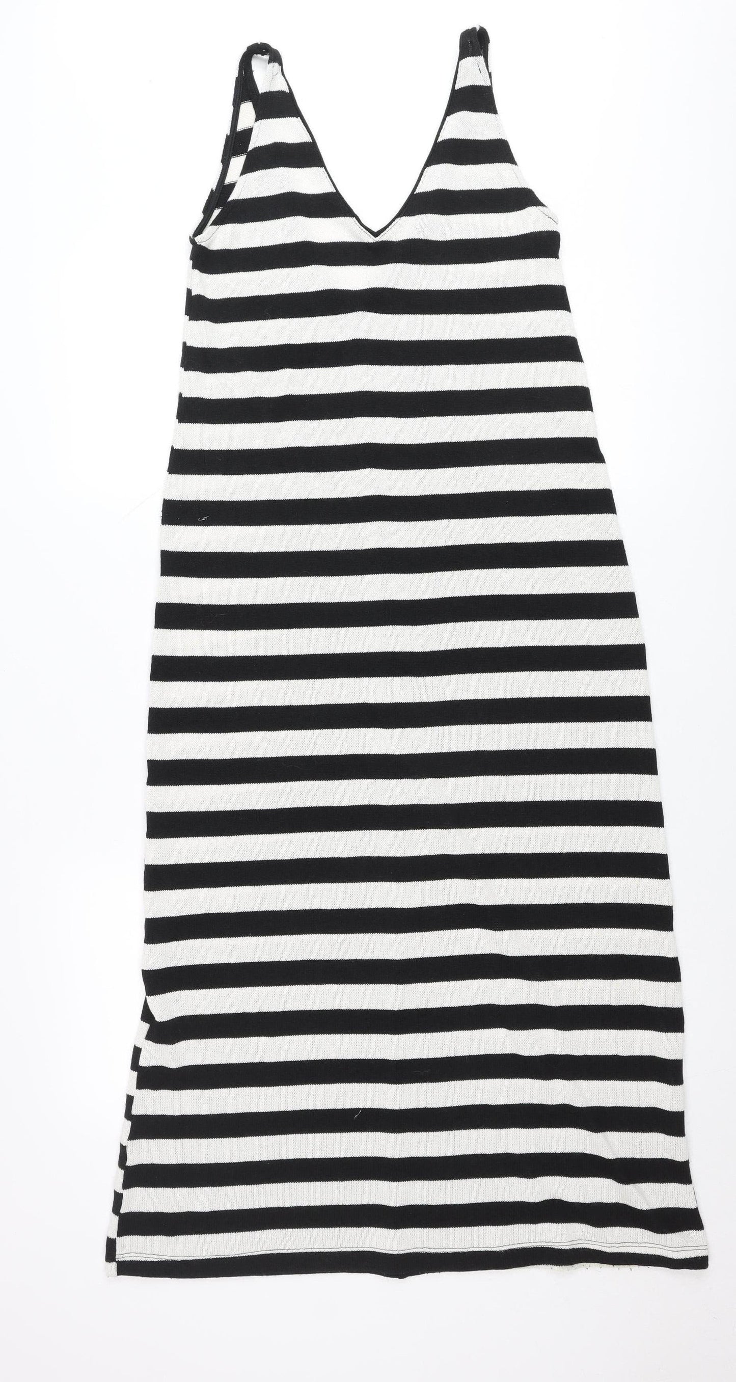 Zara Women Black White Striped V-Neck Slip Dress Size 8
