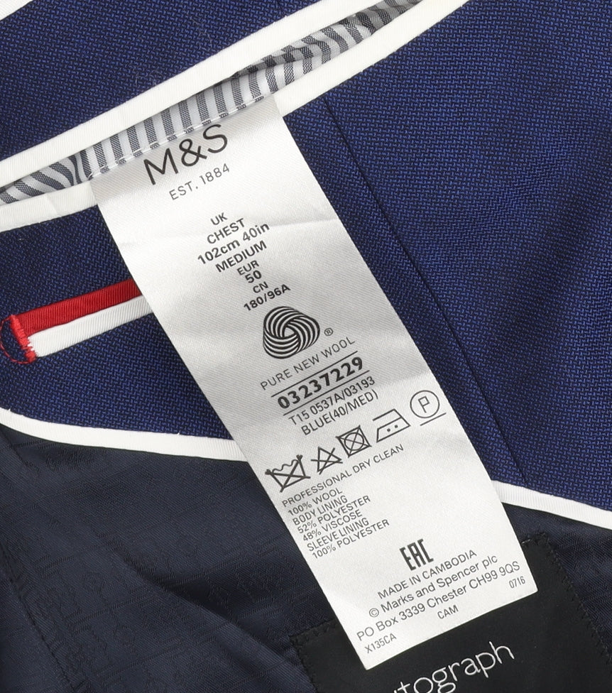 Marks and Spencer Men’s Blue Wool Blazer Jacket Size 40 Regular