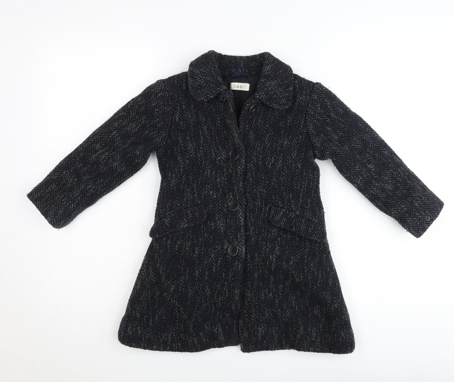 Maan Girls Black Wool Blend Herringbone Coat 6 Years Buttoned Mid-Length