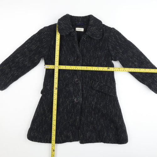 Maan Girls Black Wool Blend Herringbone Coat 6 Years Buttoned Mid-Length