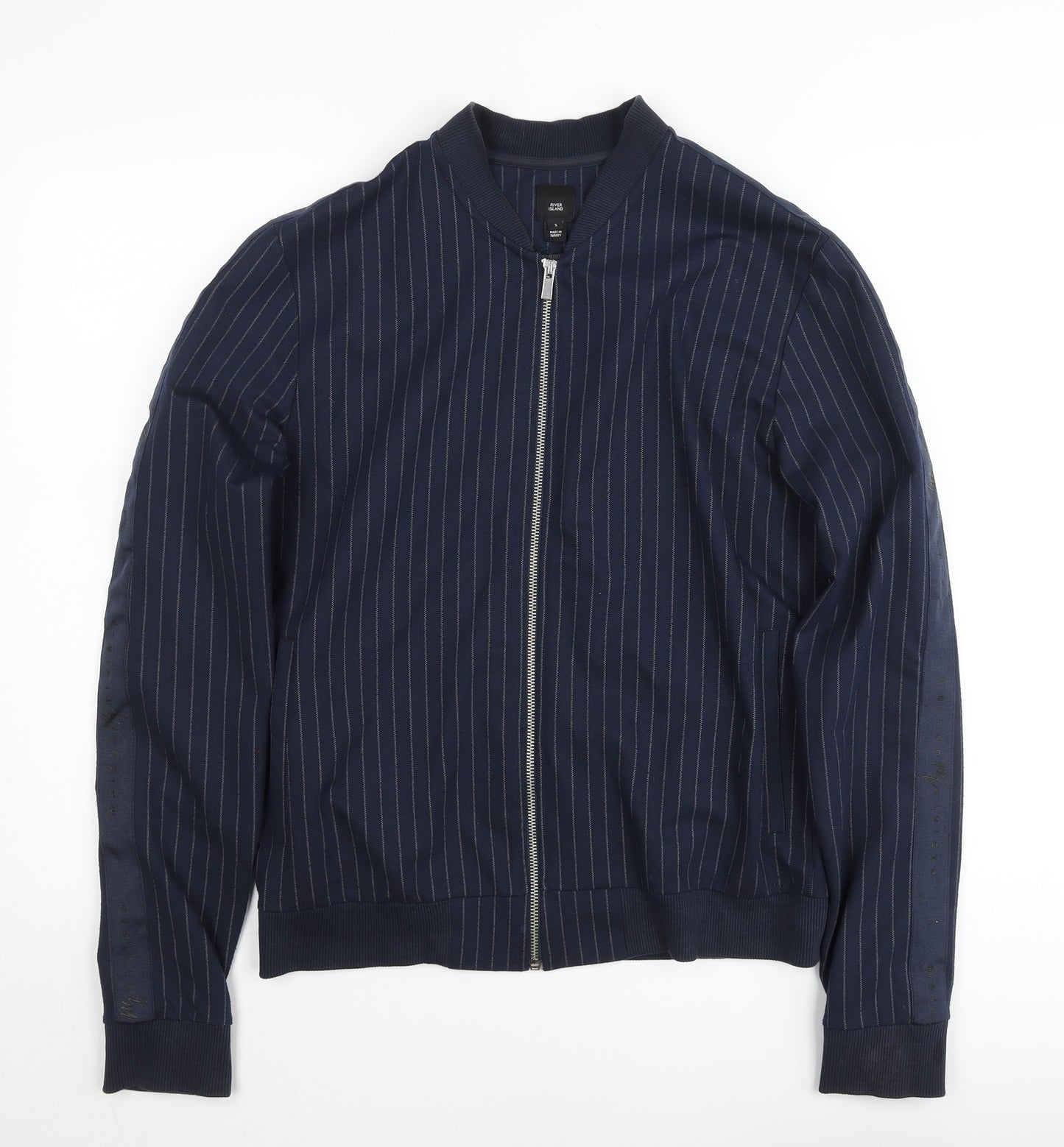 River Island Men’s Blue Striped Bomber Jacket Size S Regular Fit