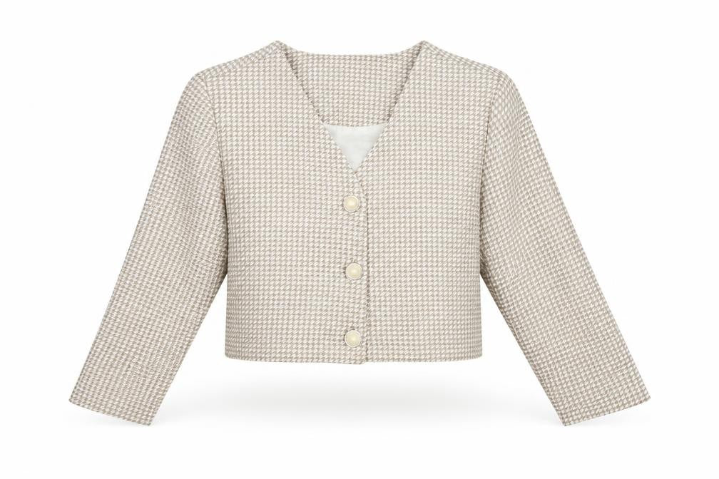 Front view of MIKI Women's Beige Houndstooth Cropped Suit Jacket, size S