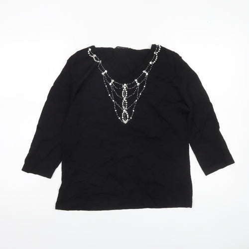 Emreco Women’s Black Beaded Tunic Blouse UK 12 V-Neck 3/4 Sleeve