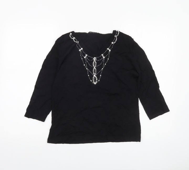 Emreco Women’s Black Beaded Tunic Blouse UK 12 V-Neck 3/4 Sleeve