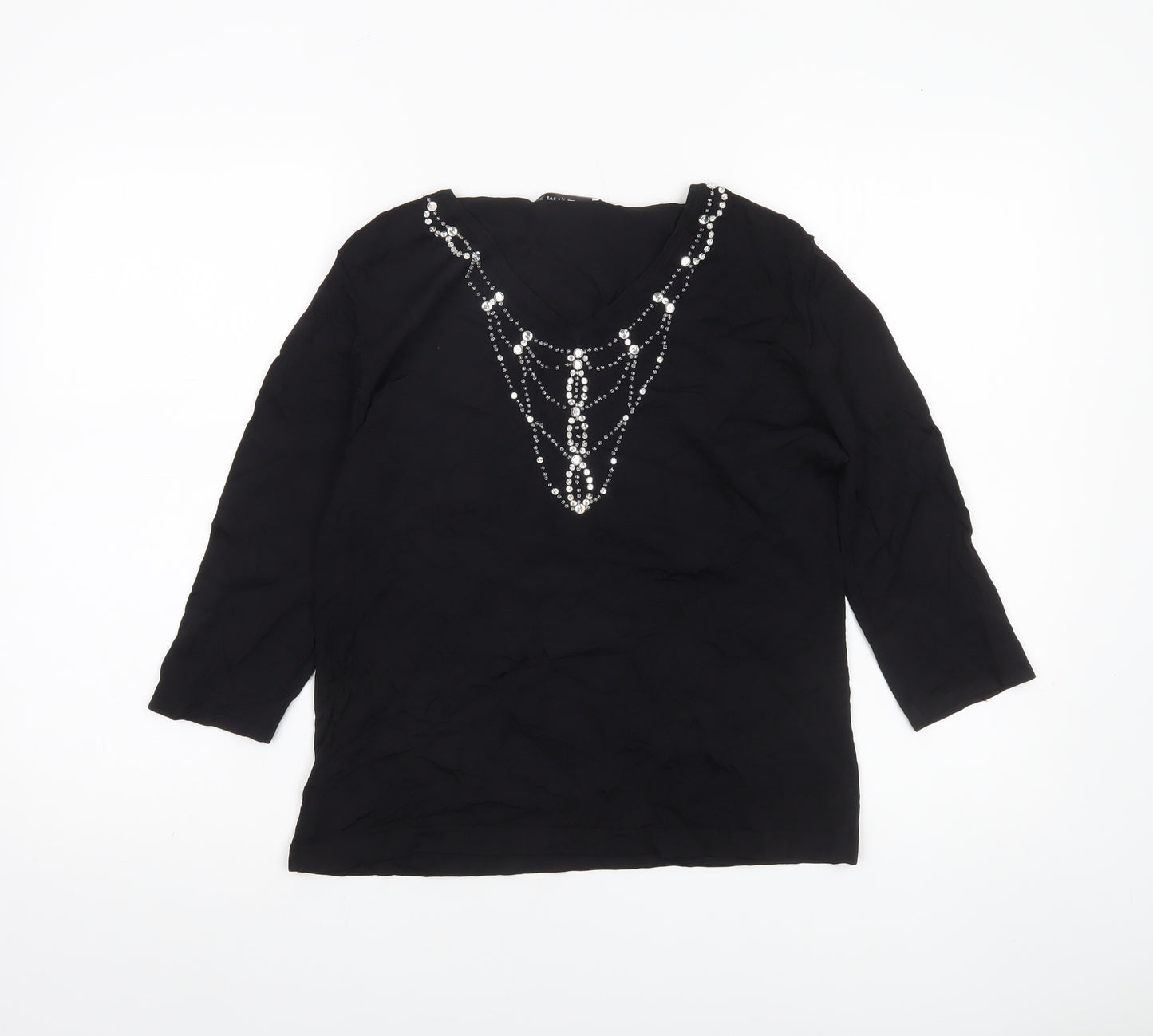 Emreco Women’s Black Beaded Tunic Blouse UK 12 V-Neck 3/4 Sleeve