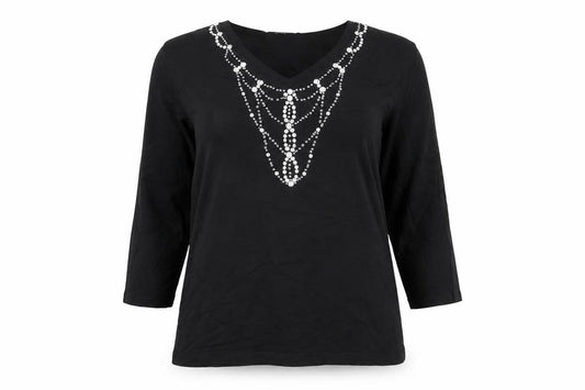 Front view of Emreco Women’s Black Beaded Tunic Blouse UK 12 V-Neck 3/4 Sleeve