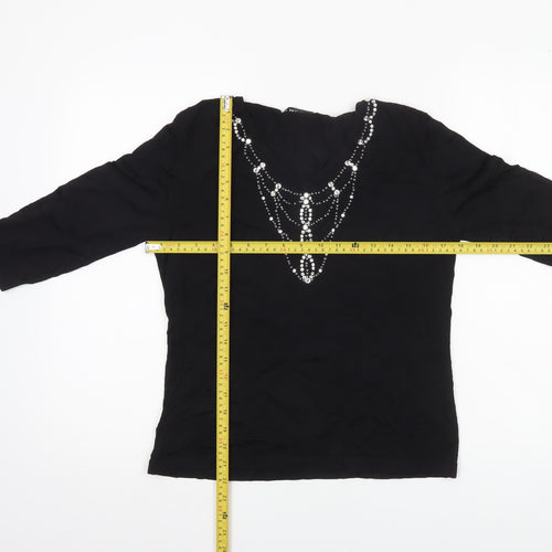 Emreco Women’s Black Beaded Tunic Blouse UK 12 V-Neck 3/4 Sleeve