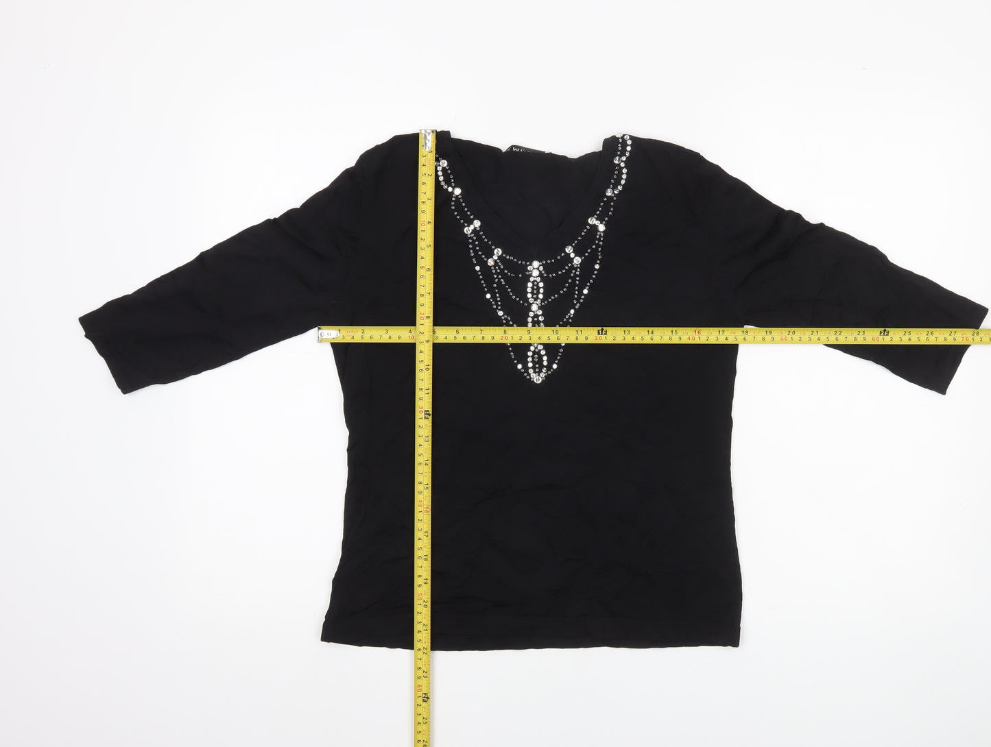 Emreco Women’s Black Beaded Tunic Blouse UK 12 V-Neck 3/4 Sleeve
