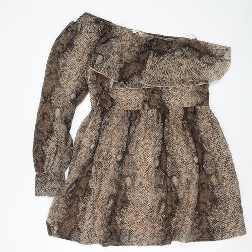 New Look Women Brown Animal Print One Shoulder Mini Dress Size 10