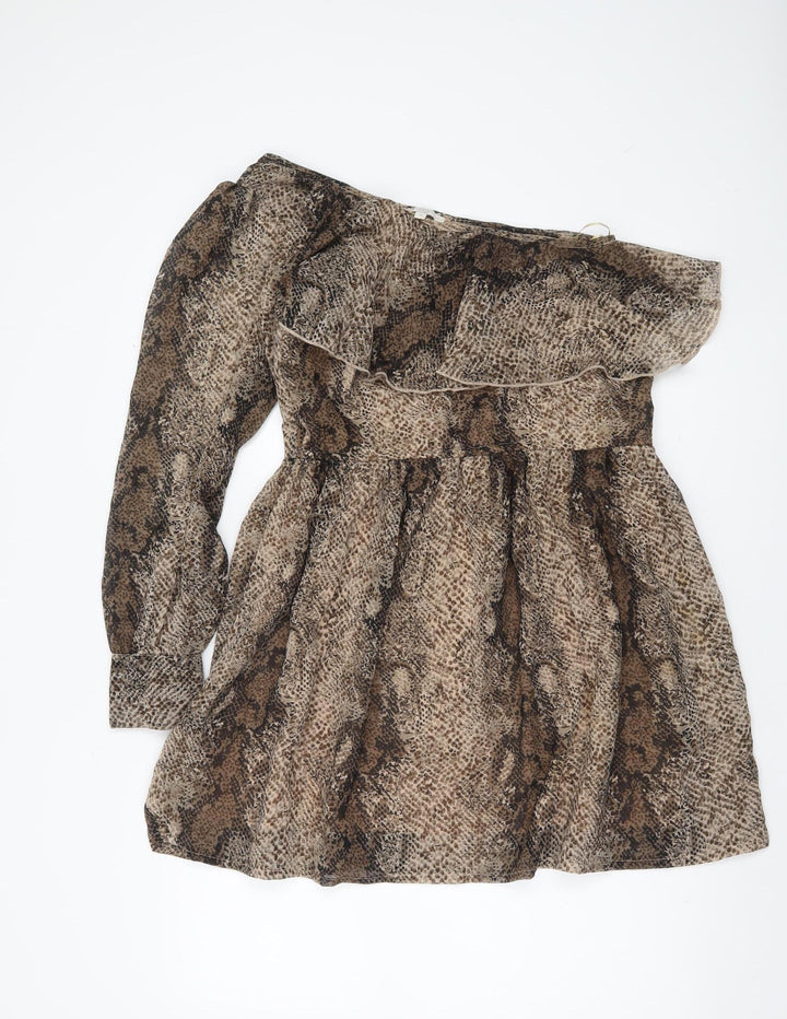 New Look Women Brown Animal Print One Shoulder Mini Dress Size 10