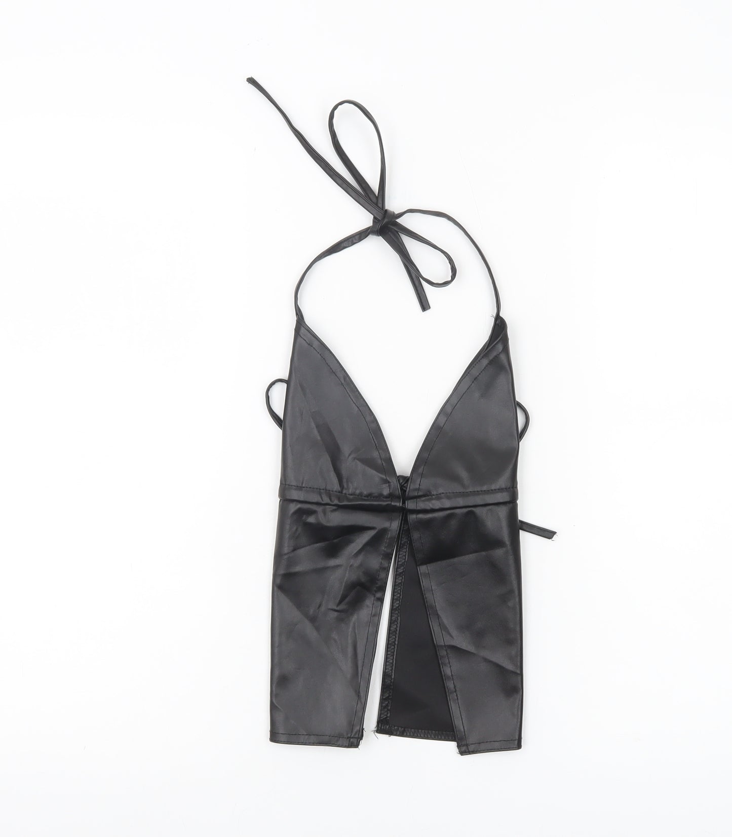 PrettyLittleThing Women Black Faux Leather Halter Tank Top UK 8