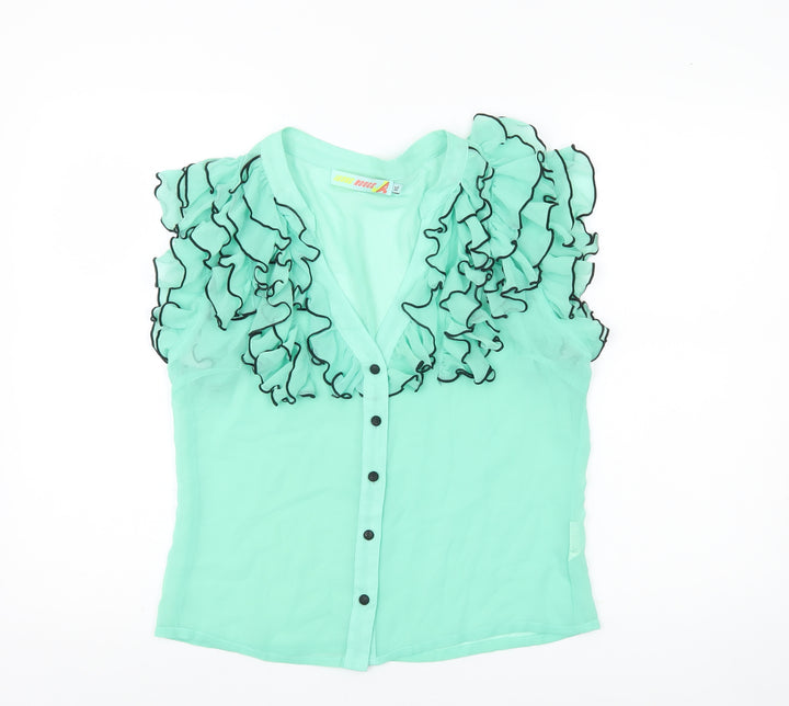 Jaune Rouge Womens Green XL Ruffle Sheer Chiffon Blouse