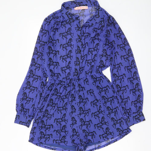 Oh My Love Women Blue Horse Print Playsuit Size S Long Sleeve