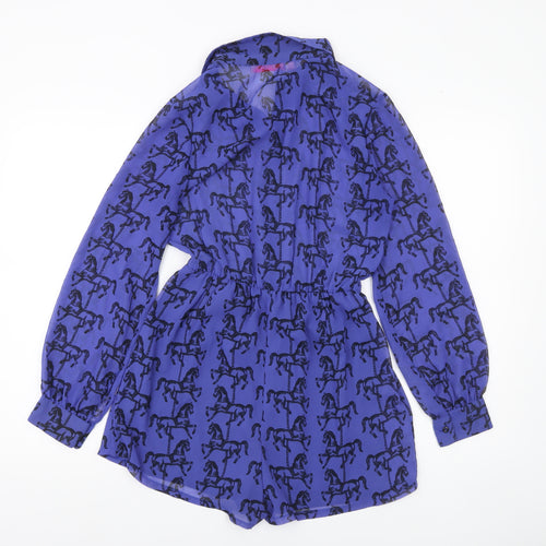 Oh My Love Women Blue Horse Print Playsuit Size S Long Sleeve