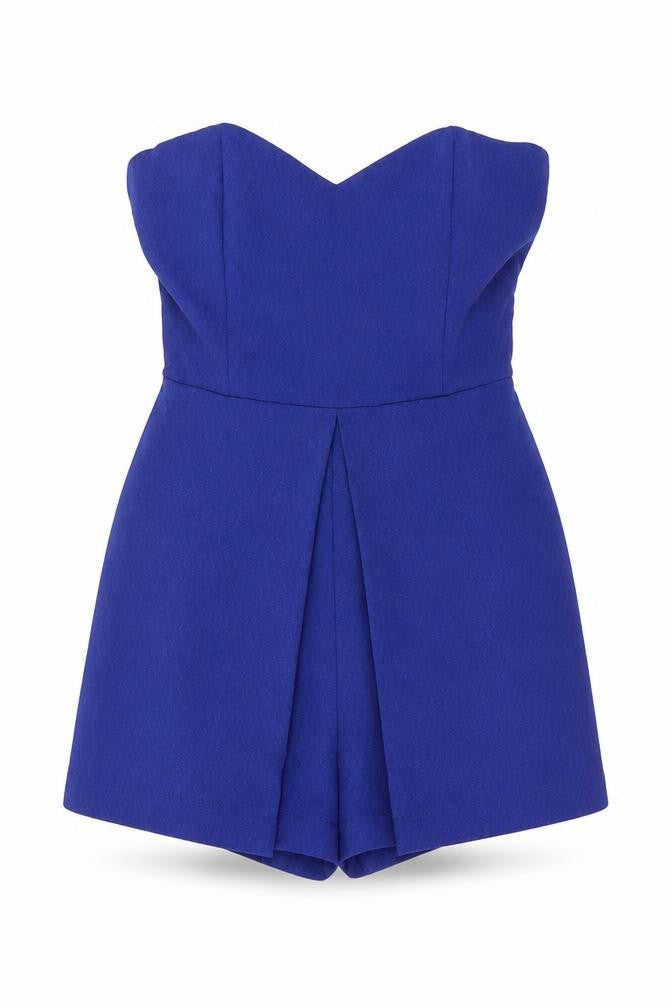 Front view of New Look Women’s Blue, size UK 10, Strapless Pleated Playsuit
