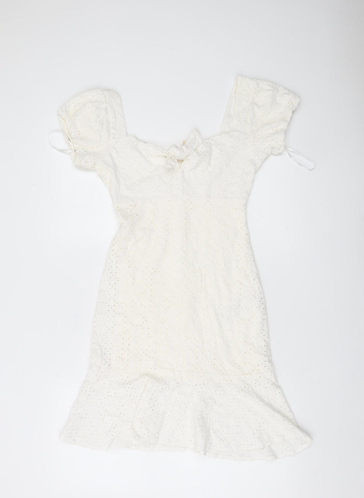Guess Women White Cotton Puff Sleeve Sheath Dress Size 12