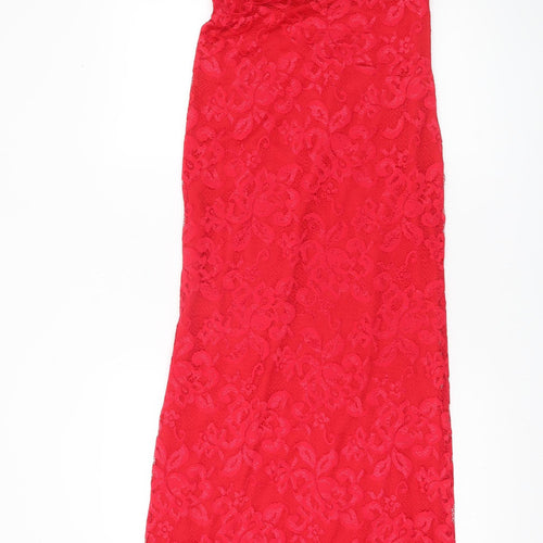 Lipsy Women’s Red Lace One Shoulder Long Sheath Dress UK 10