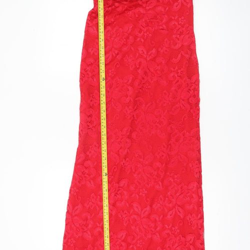 Lipsy Women’s Red Lace One Shoulder Long Sheath Dress UK 10