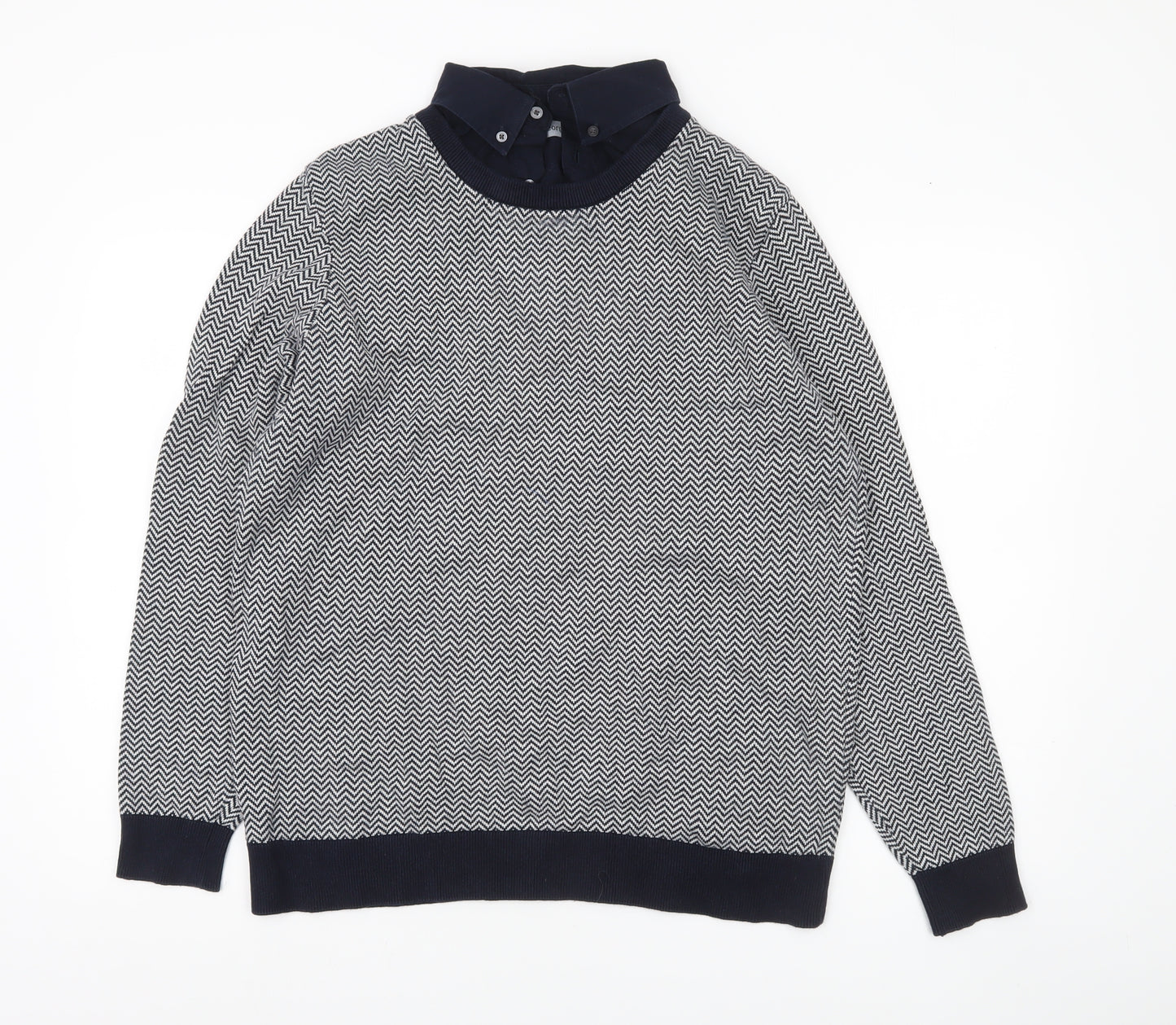 George Men’s Navy Blue Collared Pullover Jumper L Cotton