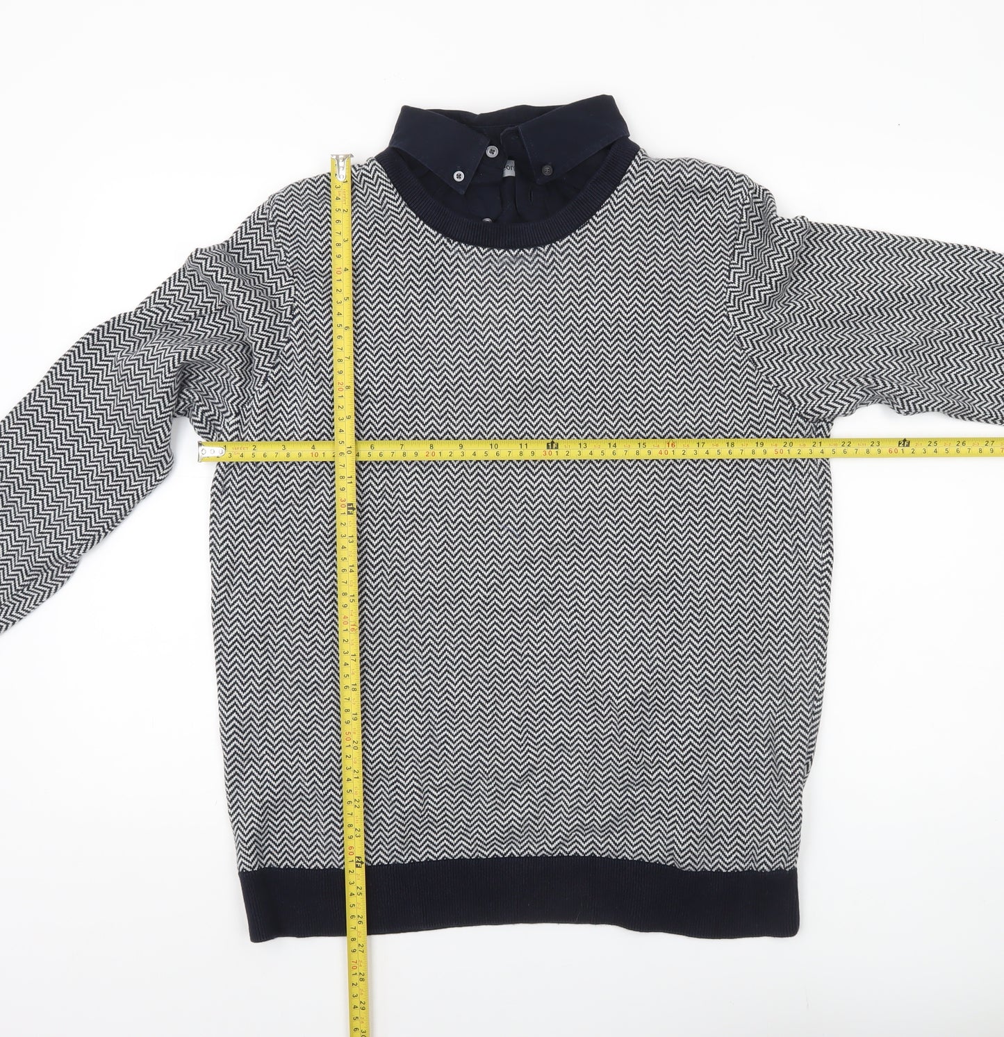 George Men’s Navy Blue Collared Pullover Jumper L Cotton