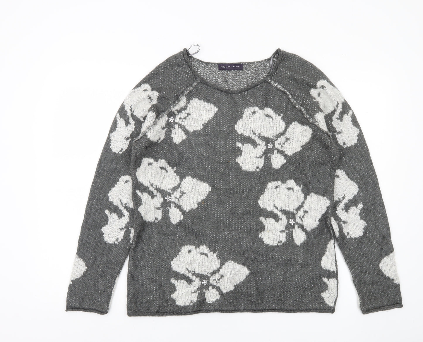 Marks and Spencer Womens Grey Floral Knit Jumper UK 12 Long Sleeve
