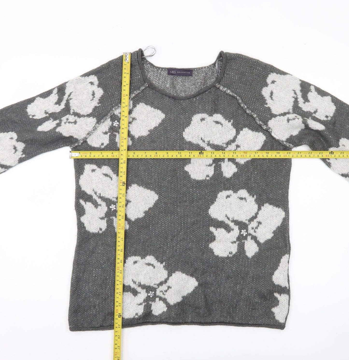 Marks and Spencer Womens Grey Floral Knit Jumper UK 12 Long Sleeve