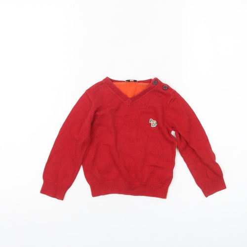 Paul Smith Boys Red V-Neck Pullover Jumper 2 Years Long Sleeve Cotton