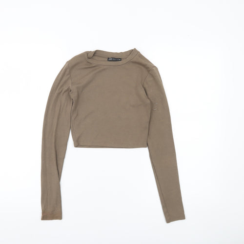 Zara Women Brown Cropped Slim Fit Long Sleeve T-Shirt Size S