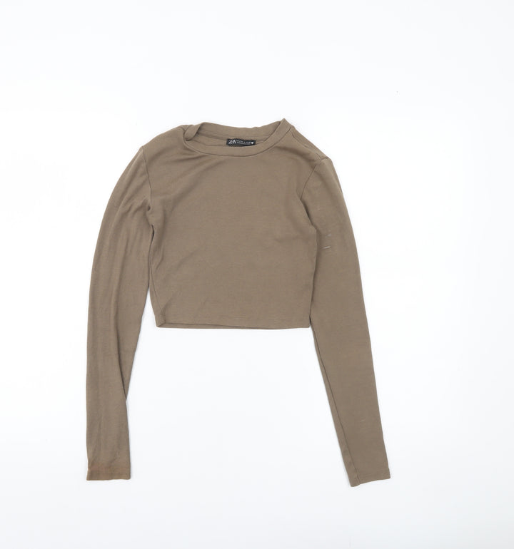 Zara Women Brown Cropped Slim Fit Long Sleeve T-Shirt Size S
