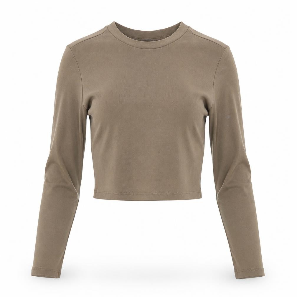Zara Women Brown Cropped Slim Fit Long Sleeve T-Shirt Size S