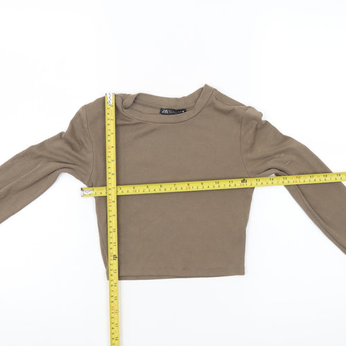 Zara Women Brown Cropped Slim Fit Long Sleeve T-Shirt Size S