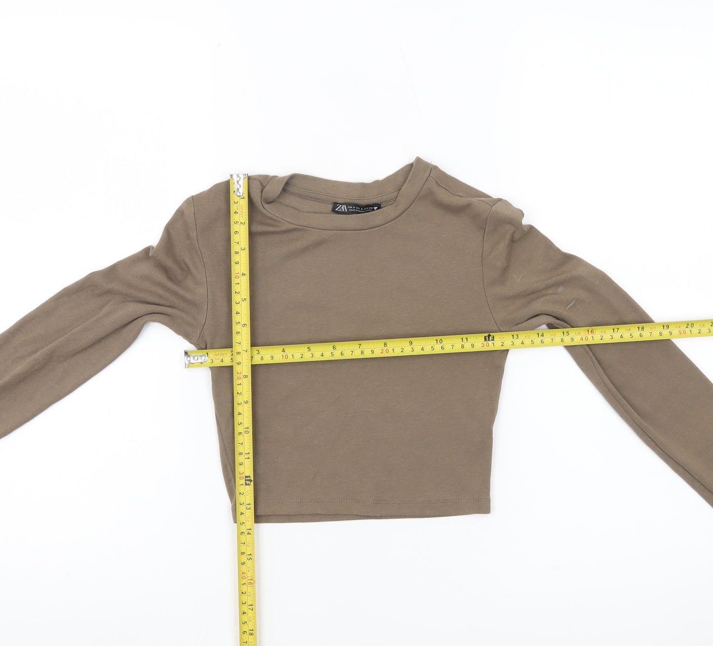 Zara Women Brown Cropped Slim Fit Long Sleeve T-Shirt Size S