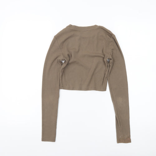 Zara Women Brown Cropped Slim Fit Long Sleeve T-Shirt Size S