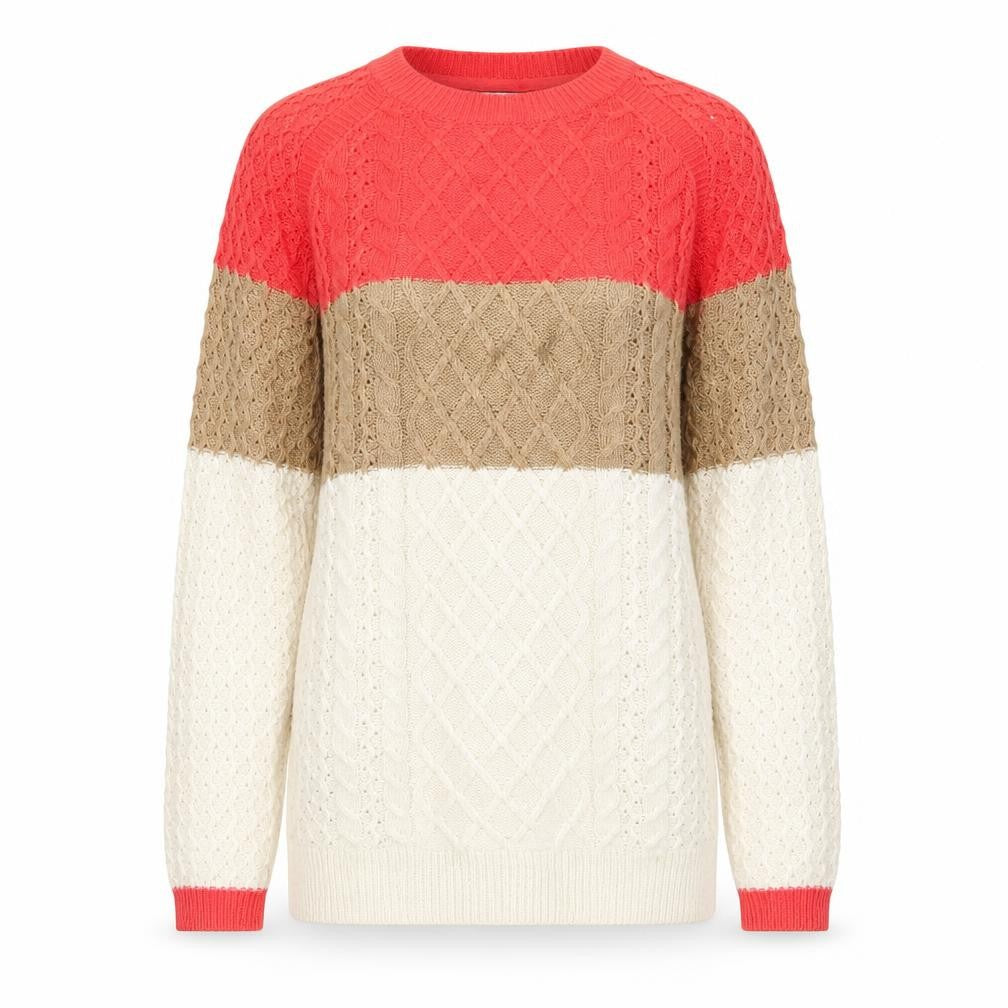 Front view of Next women’s beige red brown, size UK 6, cable knit jumper