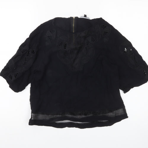 Warehouse Women's Black Embroidered 3/4 Sleeve Tunic Blouse UK 12