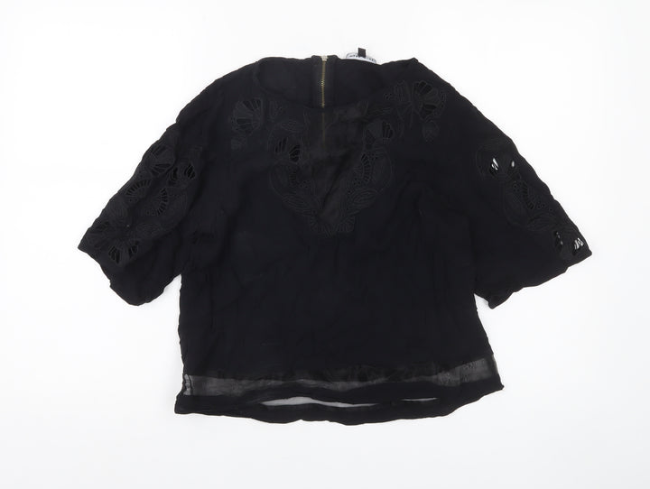 Warehouse Women's Black Embroidered 3/4 Sleeve Tunic Blouse UK 12