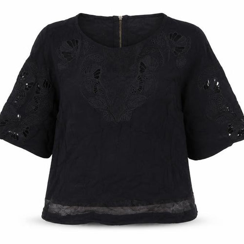 Warehouse Women's Black Embroidered 3/4 Sleeve Tunic Blouse UK 12