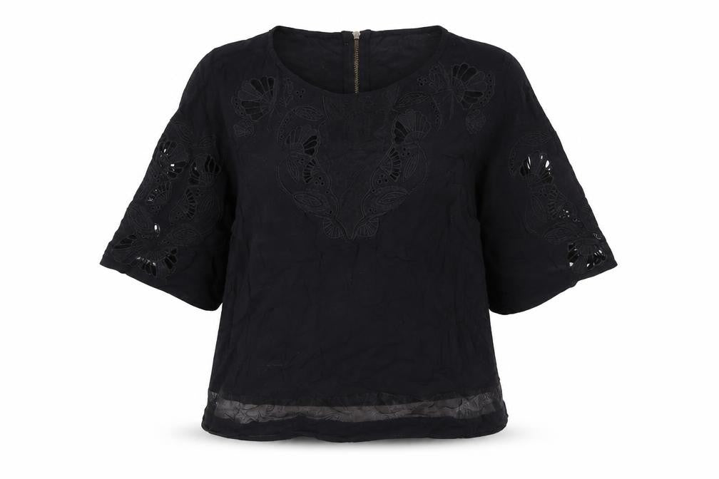 Warehouse Women's Black Embroidered 3/4 Sleeve Tunic Blouse UK 12