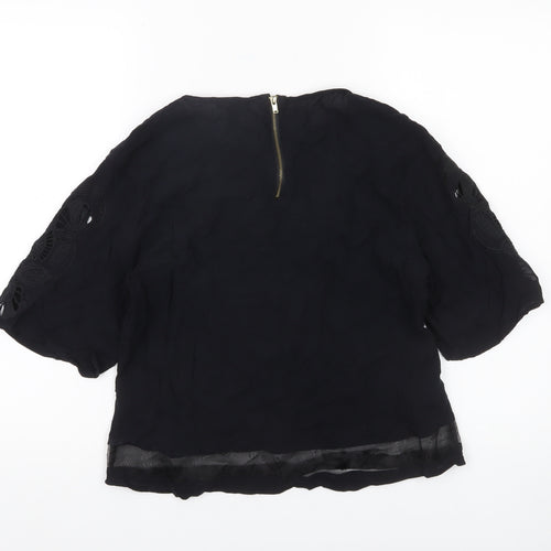 Warehouse Women's Black Embroidered 3/4 Sleeve Tunic Blouse UK 12