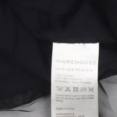 Warehouse Women's Black Embroidered 3/4 Sleeve Tunic Blouse UK 12