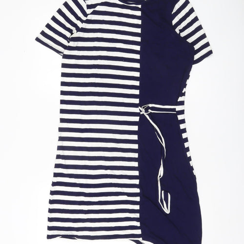 Tu Women’s Navy White Stripe T-Shirt Dress Size 14 Asymmetric Belted