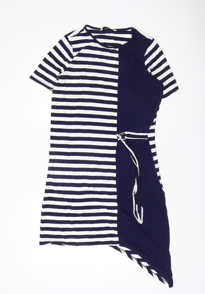 Tu Women’s Navy White Stripe T-Shirt Dress Size 14 Asymmetric Belted